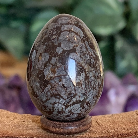 Hand carved Other - Brown Snowflake Jasper MINI Egg w Wood Stand Crystal Healing Pocket Stone 1.25"